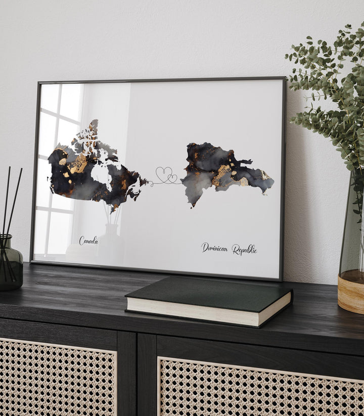 Canada and Dominican Republic Map Black & Gold Travel Wall Art Print | Canadian | Minimalist Decor | International Travel Art