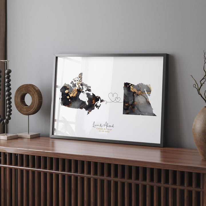 Canada and Egypt Map Black & Gold Travel Wall Art Print | Canadian | Minimalist Decor | International Travel Art