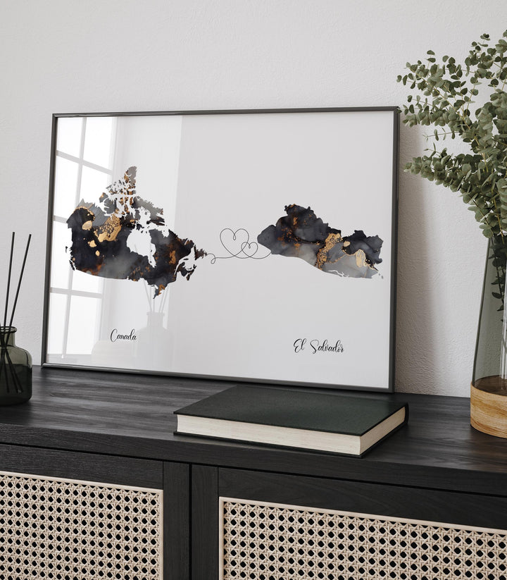 Canada and El Salvador Map Black & Gold Travel Wall Art Print | Canadian | Minimalist Decor | International Travel Art