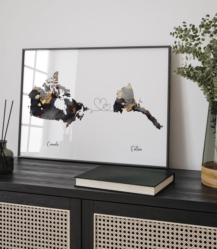 Canada and Eritrea Map Black & Gold Travel Wall Art Print | Canadian | Minimalist Decor | International Travel Art