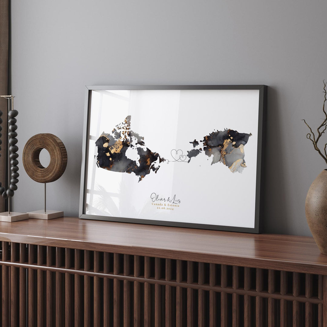 Canada and Estonia Map Black & Gold Travel Wall Art Print | Canadian | Minimalist Decor | International Travel Art