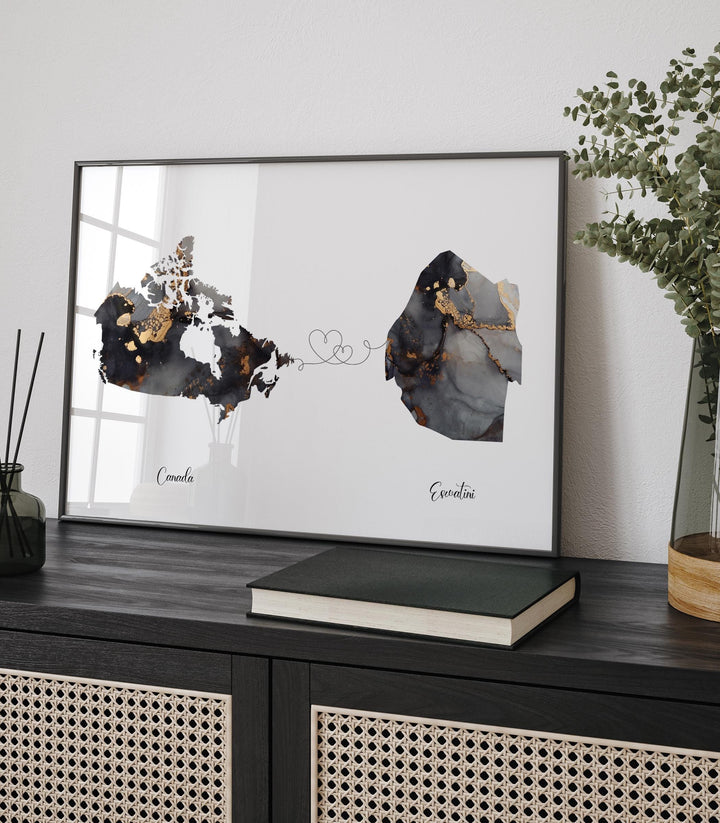 Canada and Eswatini Map Black & Gold Travel Wall Art Print | Canadian | Minimalist Decor | International Travel Art