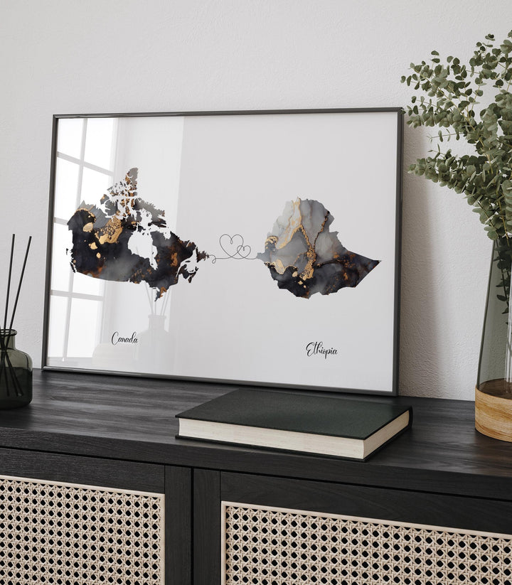 Canada and Ethiopia Map Black & Gold Travel Wall Art Print | Canadian | Minimalist Decor | International Travel Art