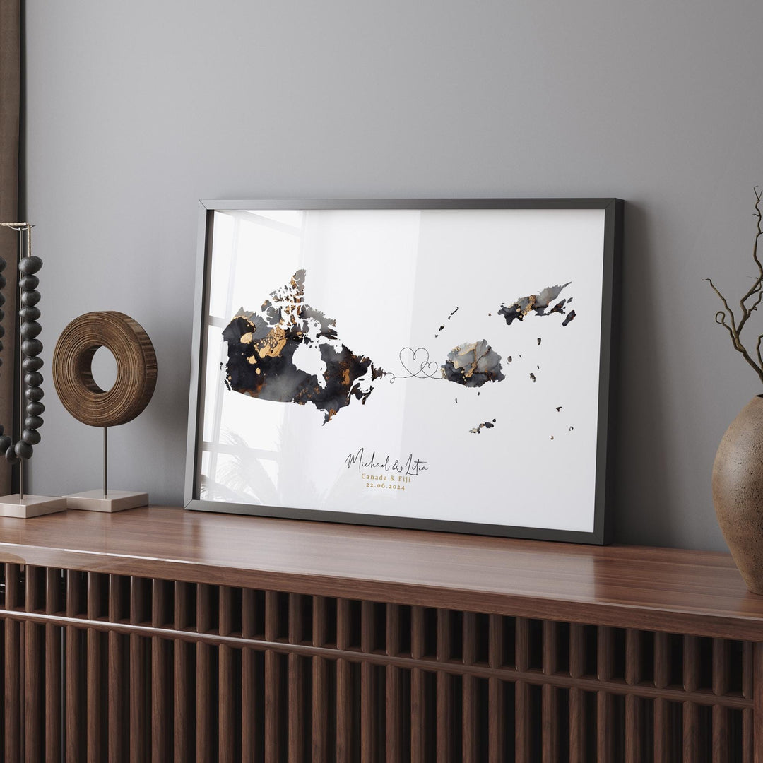 Canada and Fiji Map Black & Gold Travel Wall Art Print | Canadian | Minimalist Decor | International Travel Art
