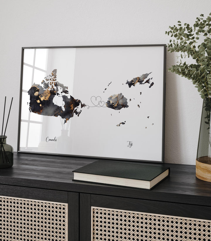 Canada and Fiji Map Black & Gold Travel Wall Art Print | Canadian | Minimalist Decor | International Travel Art