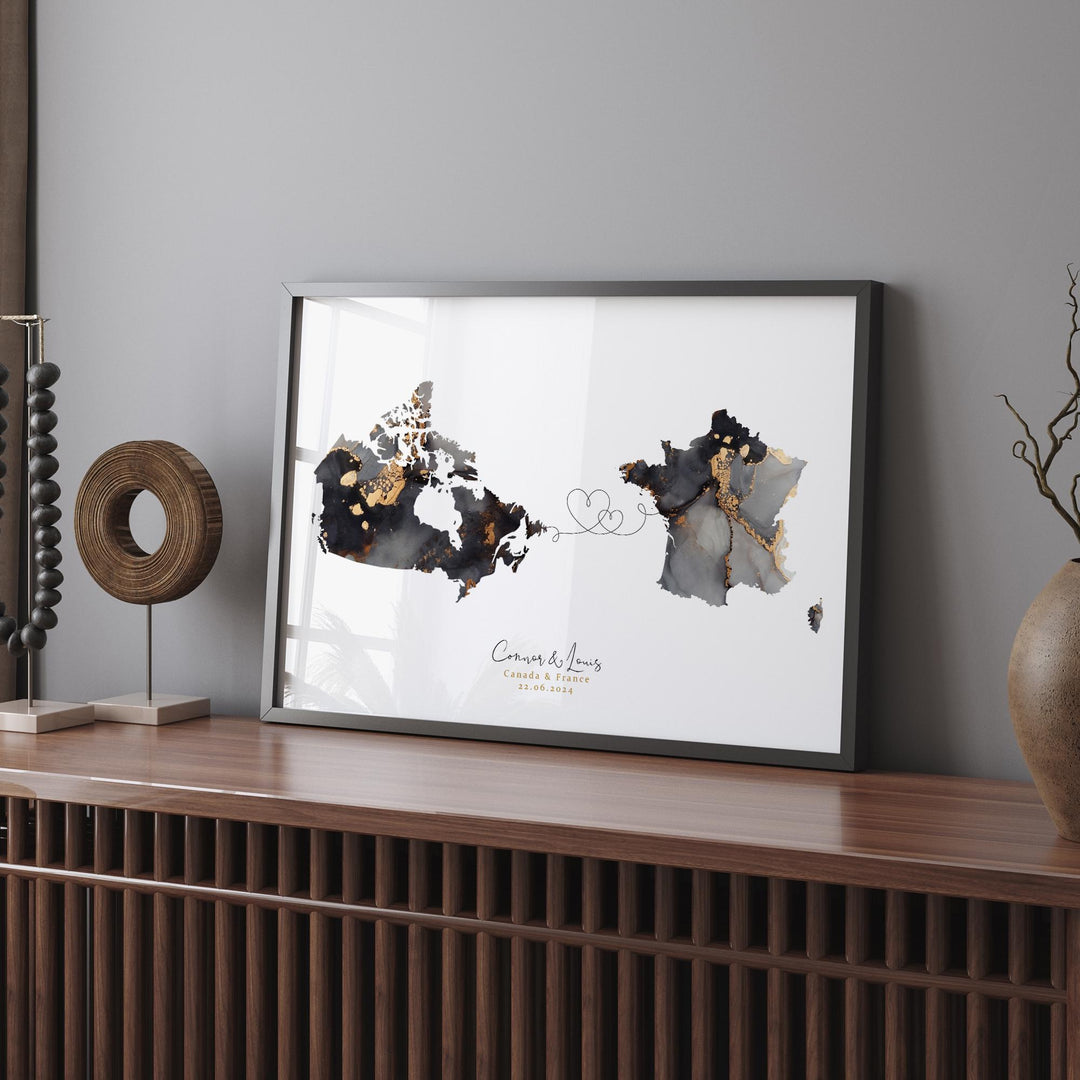 Canada and France Map Black & Gold Travel Wall Art Print | Canadian | Minimalist Decor | International Travel Art