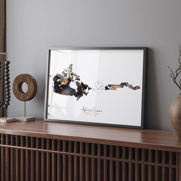 Canada and Gambia Map Black & Gold Travel Wall Art Print | Canadian | Minimalist Decor | International Travel Art