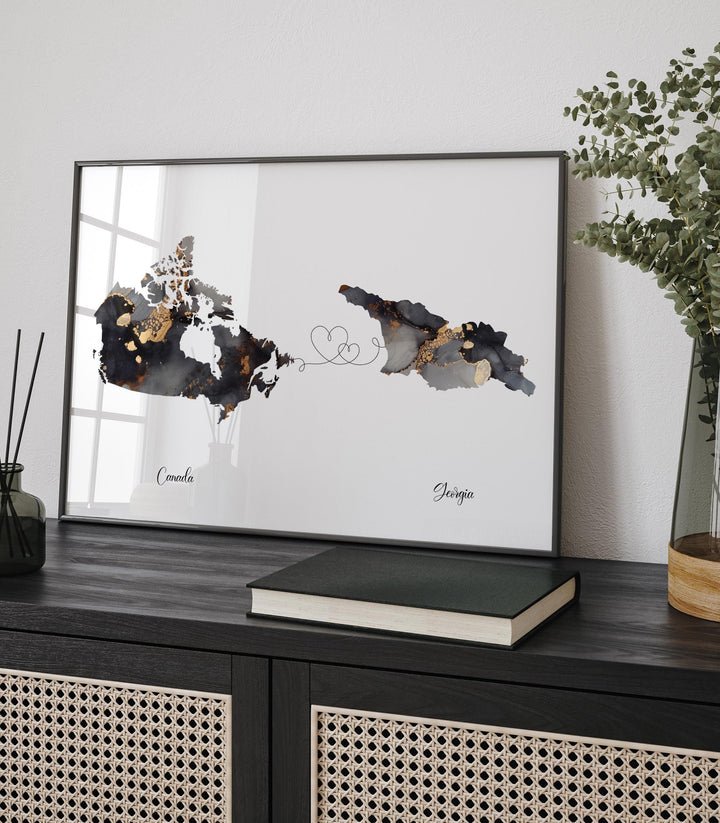 Canada and Georgia Map Black & Gold Travel Wall Art Print | Canadian | Minimalist Decor | International Travel Art