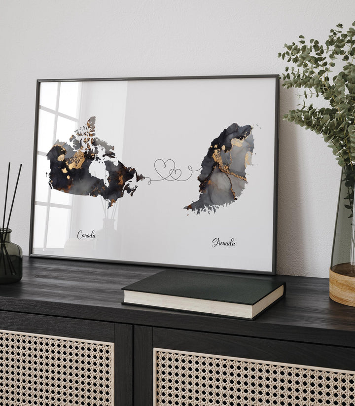 Canada and Grenada Map Black & Gold Travel Wall Art Print | Canadian | Minimalist Decor | International Travel Art