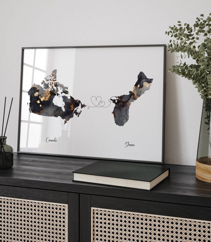Canada and Guam Map Black & Gold Travel Wall Art Print | Canadian | Minimalist Decor | International Travel Art