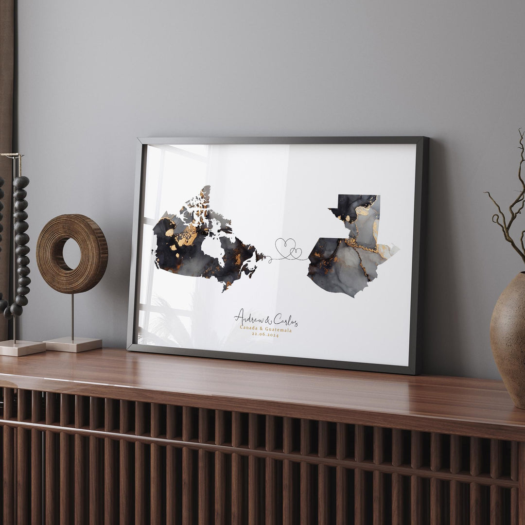 Canada and Guatemala Map Black & Gold Travel Wall Art Print | Canadian | Minimalist Decor | International Travel Art