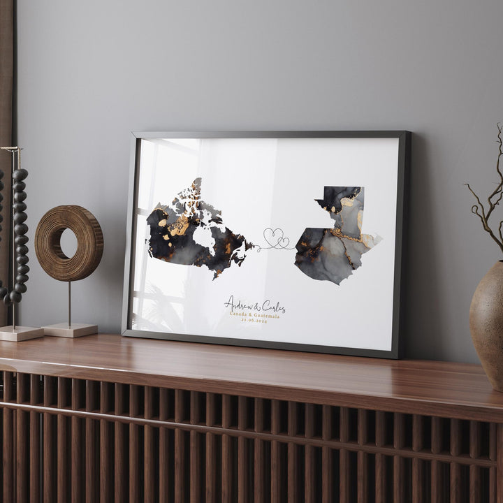 Canada and Guatemala Map Black & Gold Travel Wall Art Print | Canadian | Minimalist Decor | International Travel Art