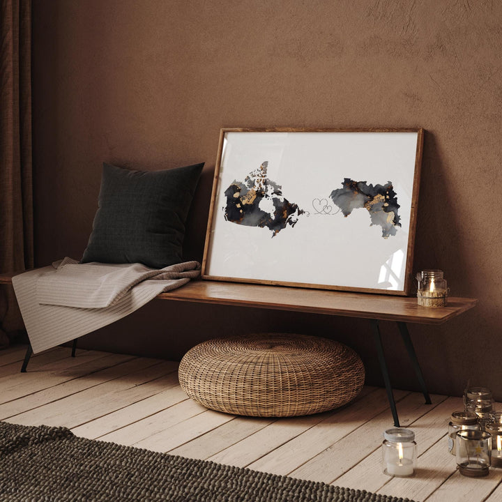 Canada and Guinea Map Black & Gold Travel Wall Art Print | Canadian | Minimalist Decor | International Travel Art