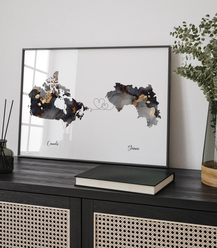 Canada and Guinea Map Black & Gold Travel Wall Art Print | Canadian | Minimalist Decor | International Travel Art