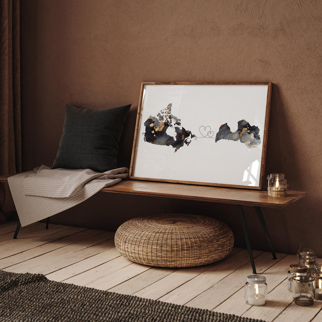 Canada and Latvia Map Black & Gold Travel Wall Art Print | Canadian | Minimalist Decor | International Travel Art