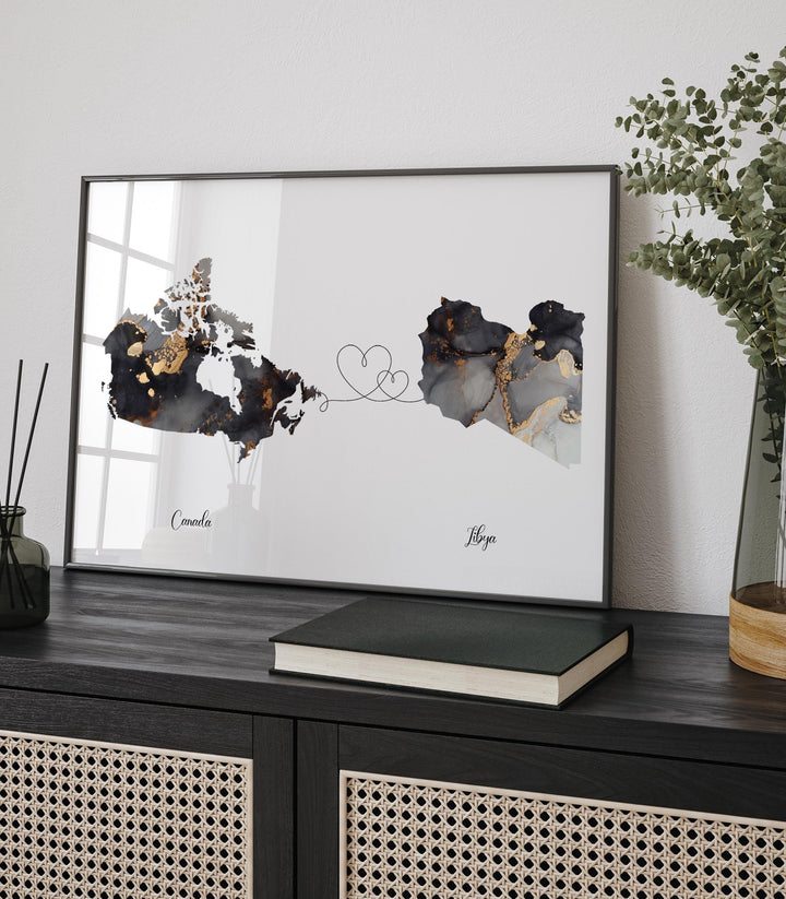 Canada and Libya Map Black & Gold Travel Wall Art Print | Canadian | Minimalist Decor | International Travel Art