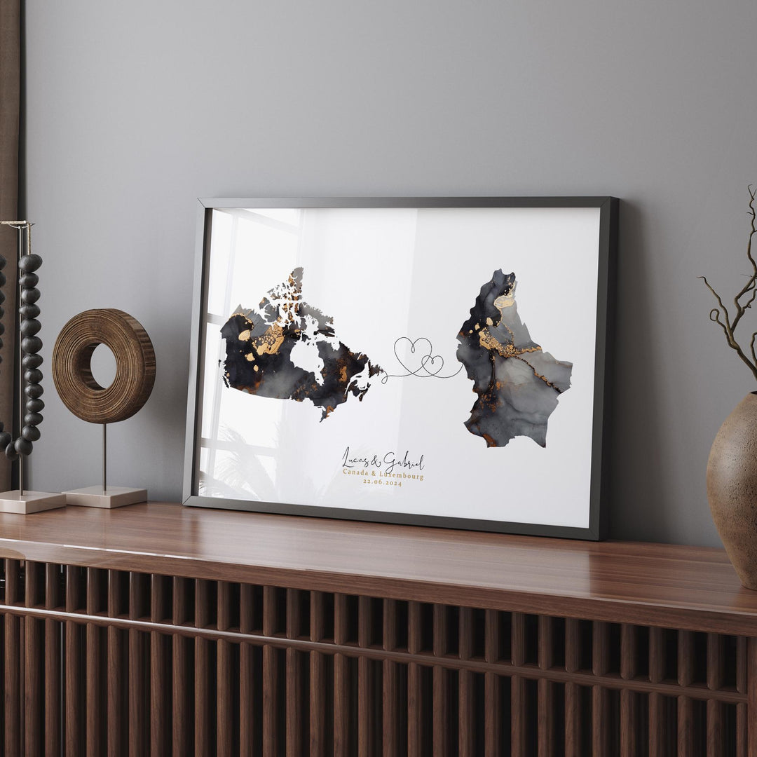 Canada and Luxembourg Map Black & Gold Travel Wall Art Print | Canadian | Minimalist Decor | International Travel Art