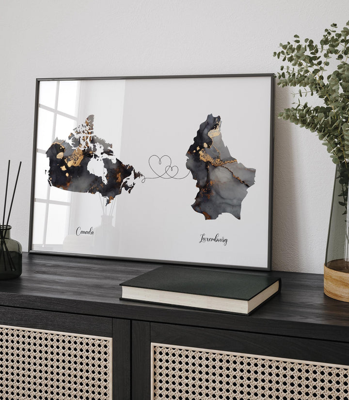 Canada and Luxembourg Map Black & Gold Travel Wall Art Print | Canadian | Minimalist Decor | International Travel Art