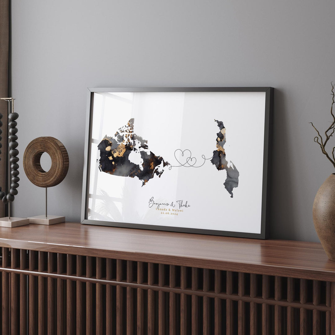 Canada and Malawi Map Black & Gold Travel Wall Art Print | Canadian | Minimalist Decor | International Travel Art