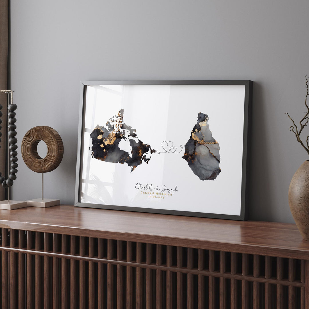 Canada and Montserrat Map Black & Gold Travel Wall Art Print | Canadian | Minimalist Decor | International Travel Art