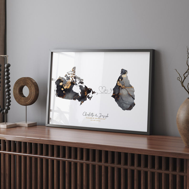 Canada and Montserrat Map Black & Gold Travel Wall Art Print | Canadian | Minimalist Decor | International Travel Art