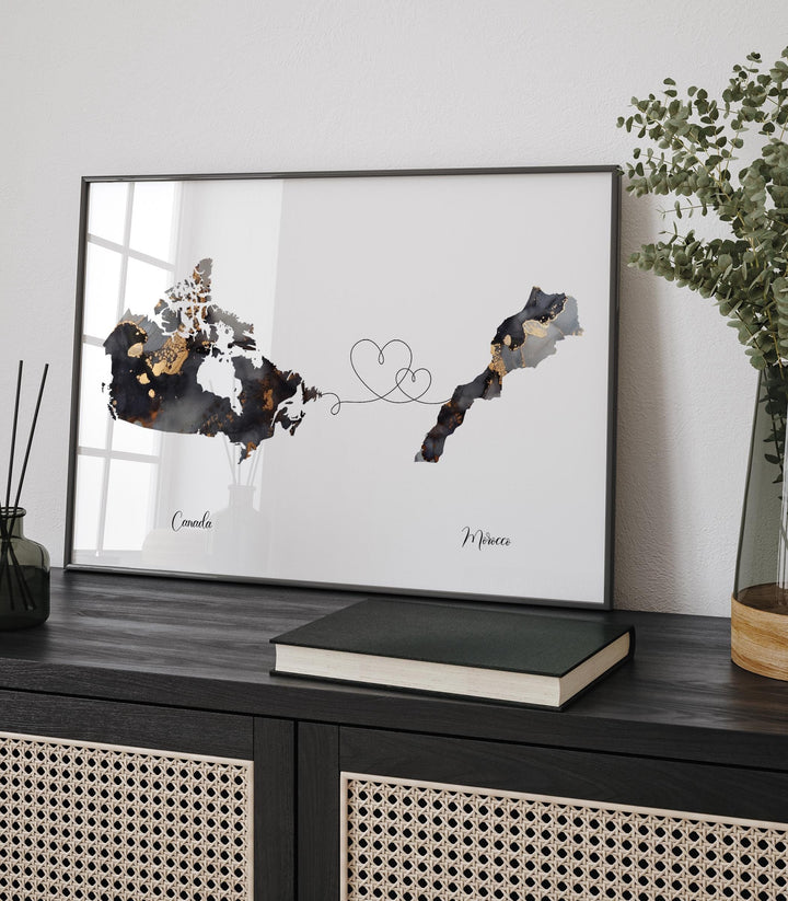 Canada and Morocco Map Black & Gold Travel Wall Art Print | Canadian | Minimalist Decor | International Travel Art