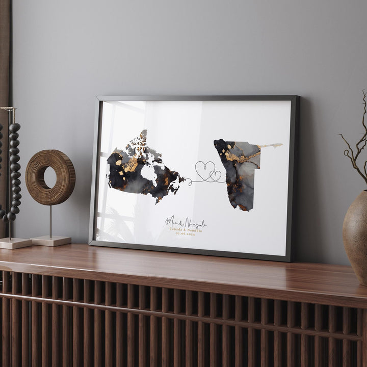 Canada and Namibia Map Black & Gold Travel Wall Art Print | Canadian | Minimalist Decor | International Travel Art