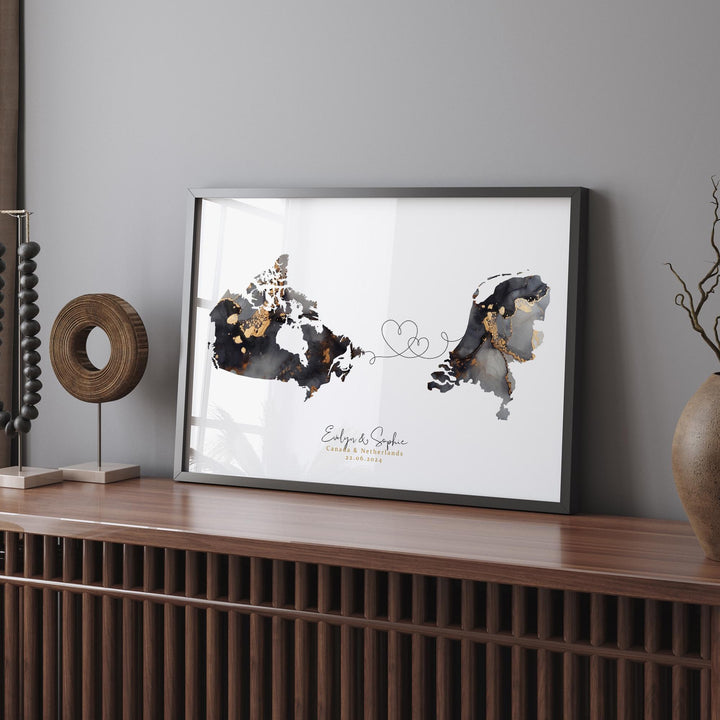 Canada and Netherlands Map Black & Gold Travel Wall Art Print | Canadian | Minimalist Decor | International Travel Art