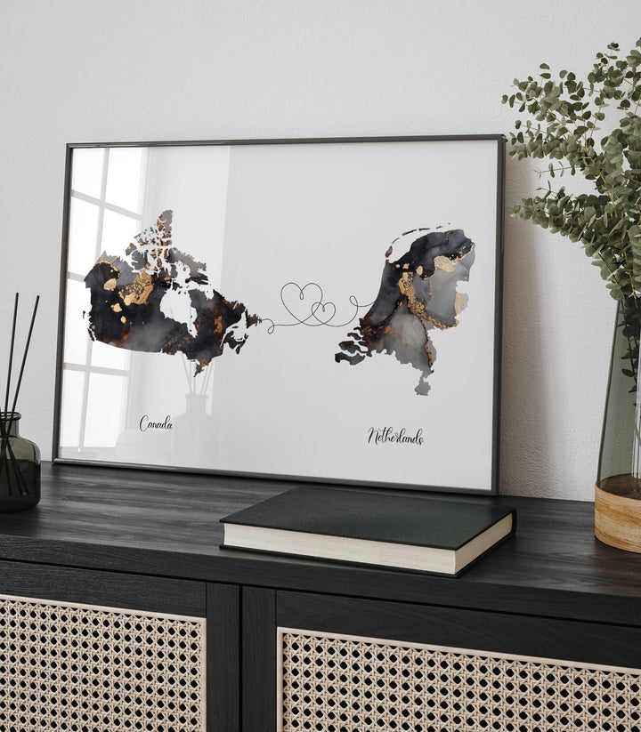 Canada and Netherlands Map Black & Gold Travel Wall Art Print | Canadian | Minimalist Decor | International Travel Art