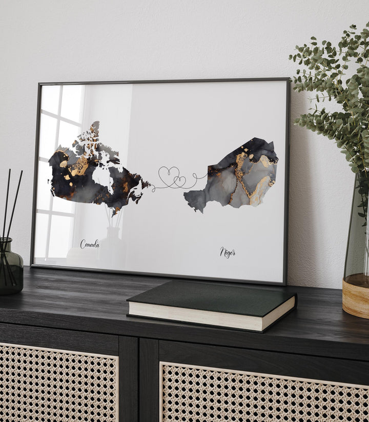 Canada and Niger Map Black & Gold Travel Wall Art Print | Canadian | Minimalist Decor | International Travel Art