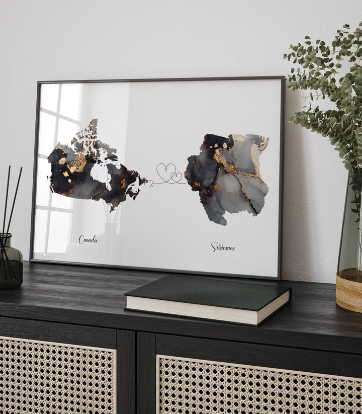 Canada and Suriname Map Black & Gold Travel Wall Art Print | Canadian | Minimalist Decor | International Travel Art