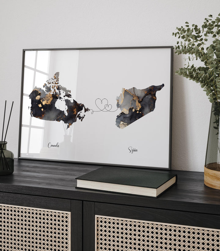 Canada and Syria Map Black & Gold Travel Wall Art Print | Canadian | Minimalist Decor | International Travel Art