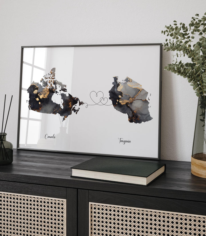 Canada and Tanzania Map Black & Gold Travel Wall Art Print | Canadian | Minimalist Decor | International Travel Art