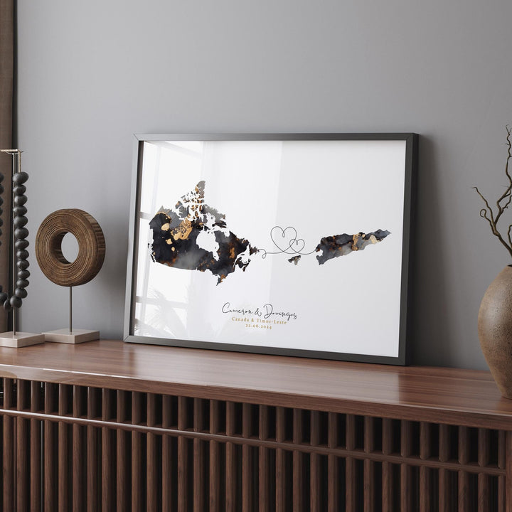 Canada and Timor-Leste Map Black & Gold Travel Wall Art Print | Canadian | Minimalist Decor | International Travel Art