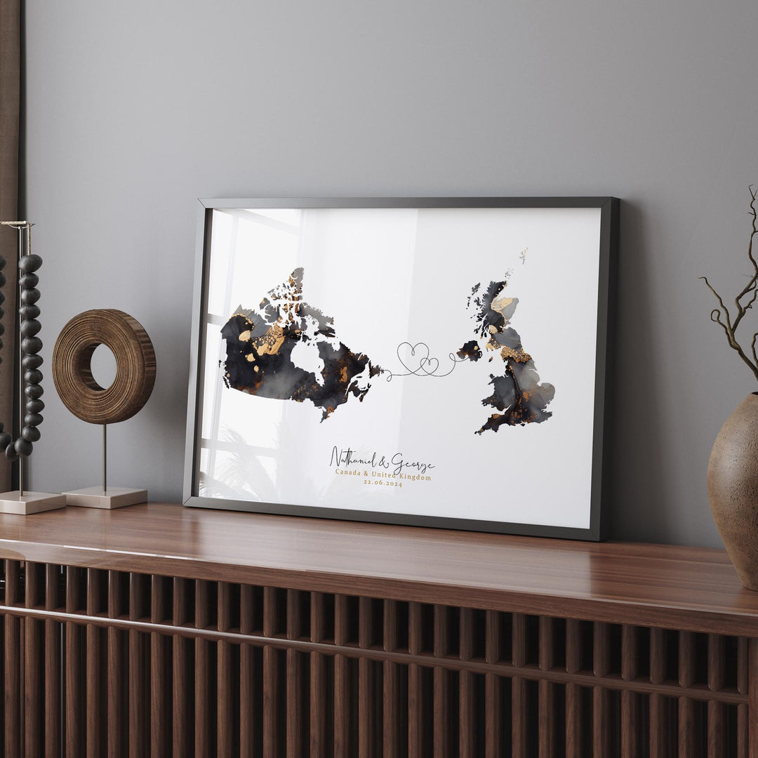 Canada and United Kingdom Map Black & Gold Travel Wall Art Print | Canadian | Minimalist Decor | International Travel Art