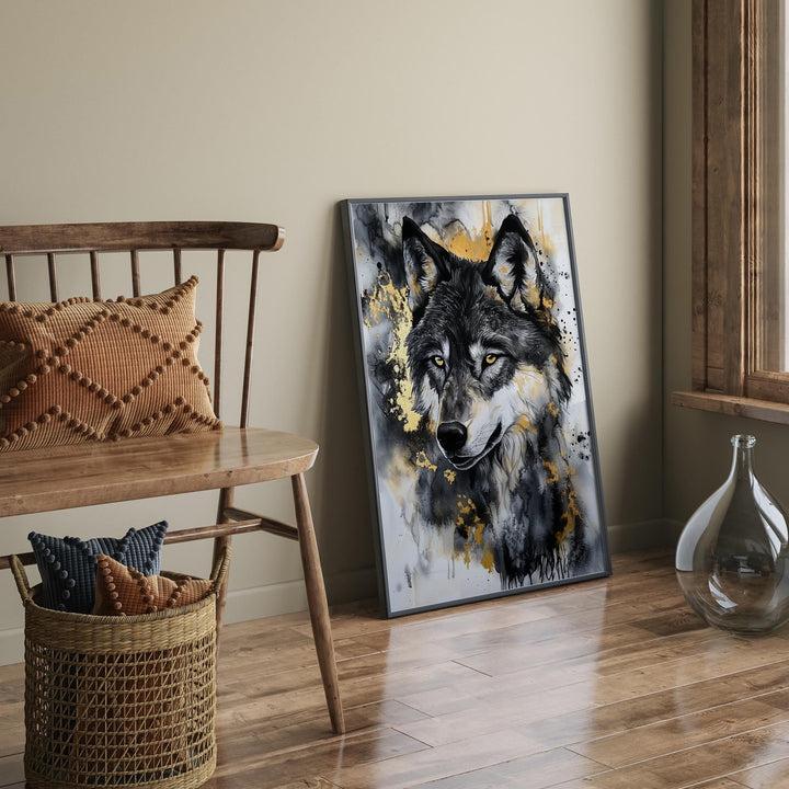Black & Gold Wolf Wall Art | Majestic Animal Portrait | Modern Wilderness Decor for Living Room