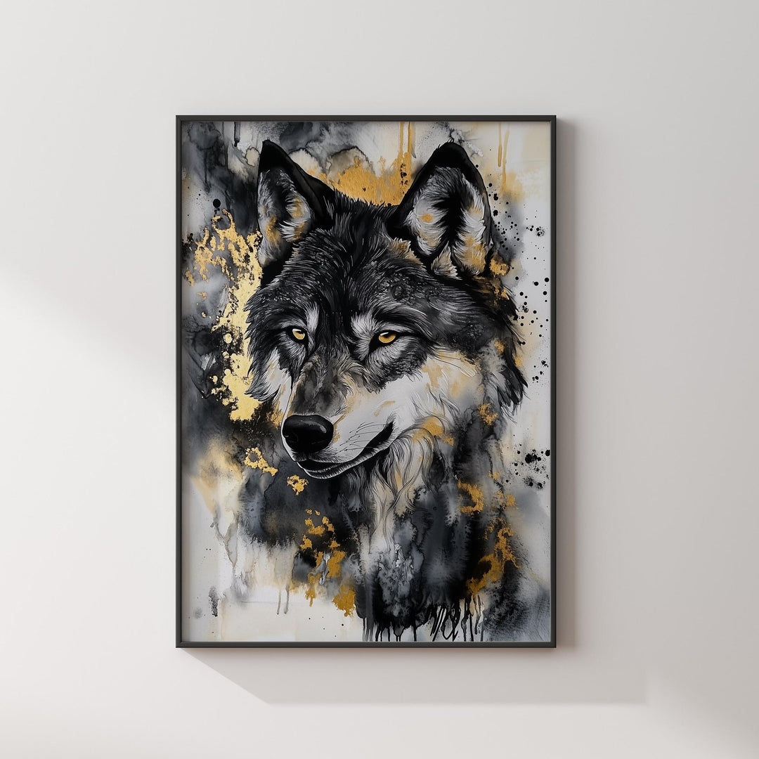 Black & Gold Wolf Wall Art | Majestic Animal Portrait | Modern Wilderness Decor for Living Room