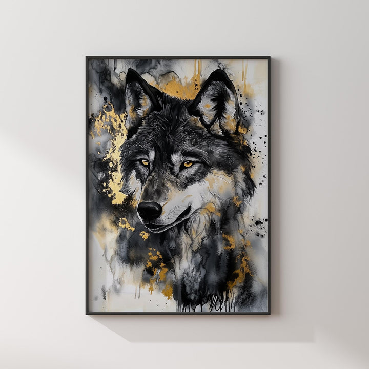 Black & Gold Wolf Wall Art | Majestic Animal Portrait | Modern Wilderness Decor for Living Room