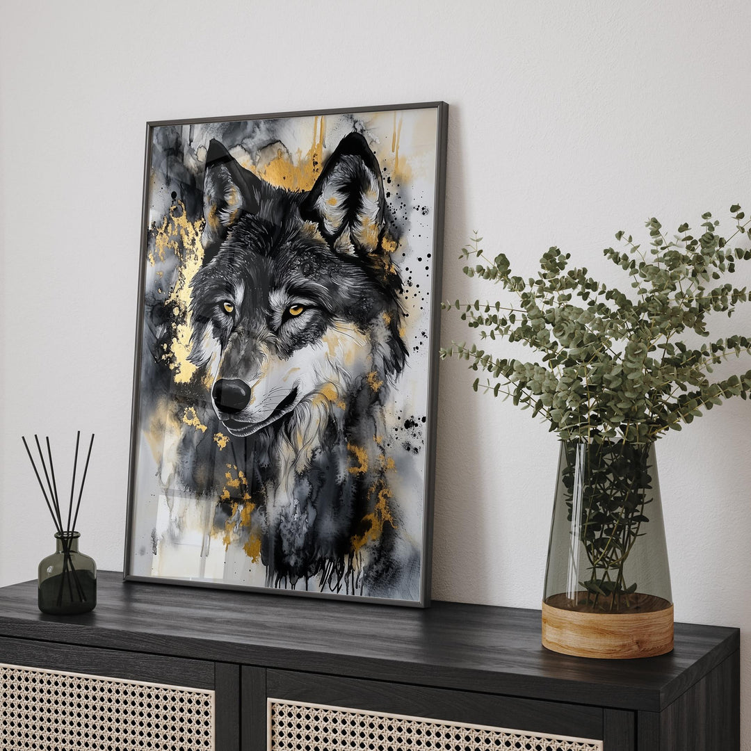 Black & Gold Wolf Wall Art | Majestic Animal Portrait | Modern Wilderness Decor for Living Room
