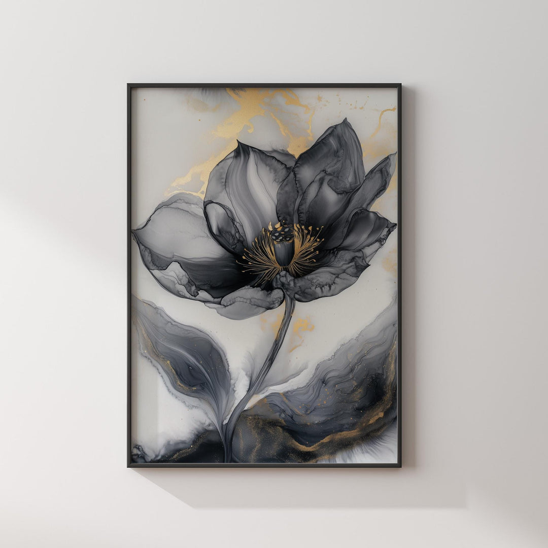 Black & Gold Abstract Flower Art | Elegant Botanical Print | Unique Decor for Office or Study