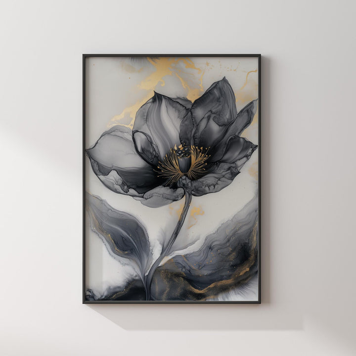 Black & Gold Abstract Flower Art | Elegant Botanical Print | Unique Decor for Office or Study