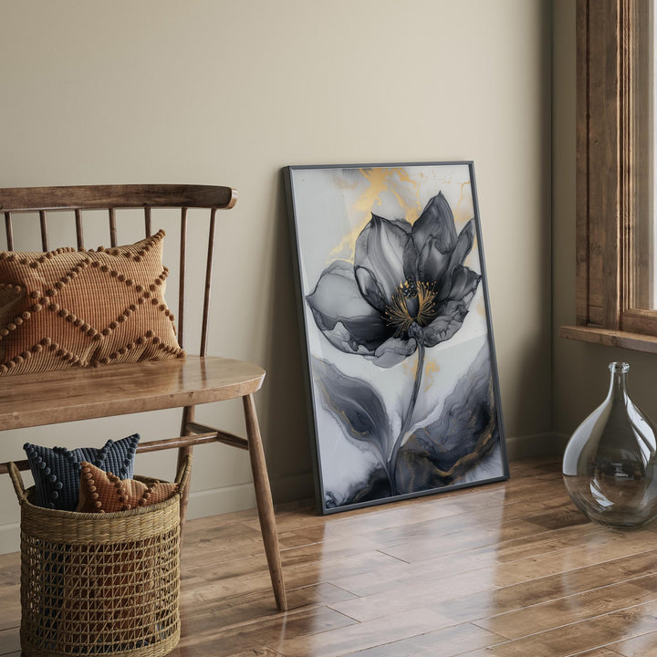 Black & Gold Abstract Flower Art | Elegant Botanical Print | Unique Decor for Office or Study