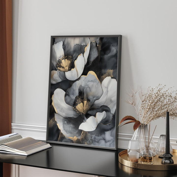 Black & Gold Abstract Petal Wall Art | Modern Floral Print | Refined Home Decor for Any Room