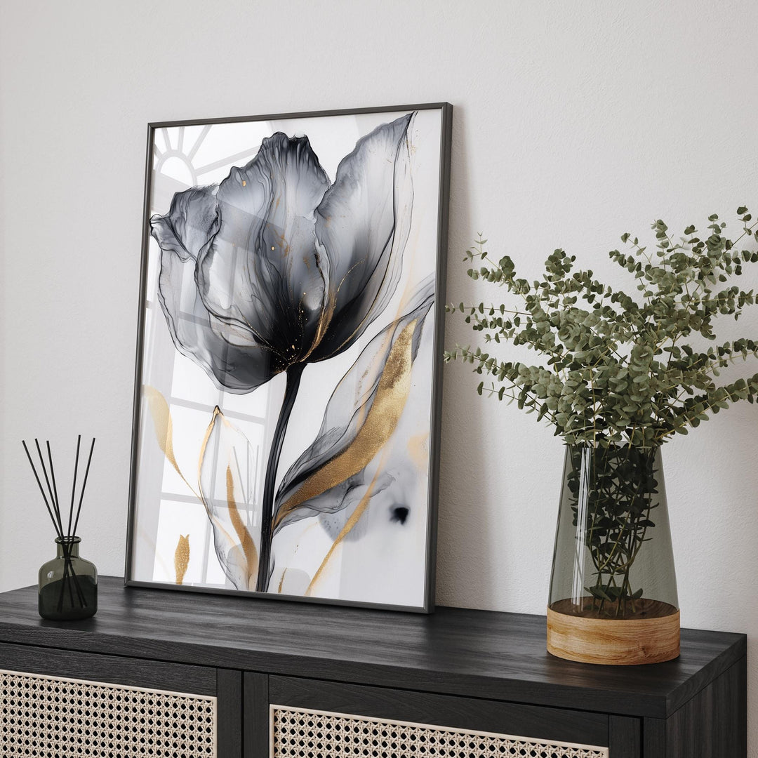 Black and Gold Sophisticated  Flower Wall Art | Chic Floral Print | Modern Decor for Bedroom