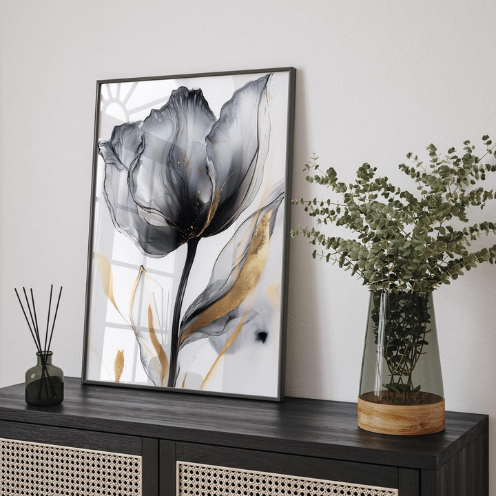 Black and Gold Sophisticated  Flower Wall Art | Chic Floral Print | Modern Decor for Bedroom