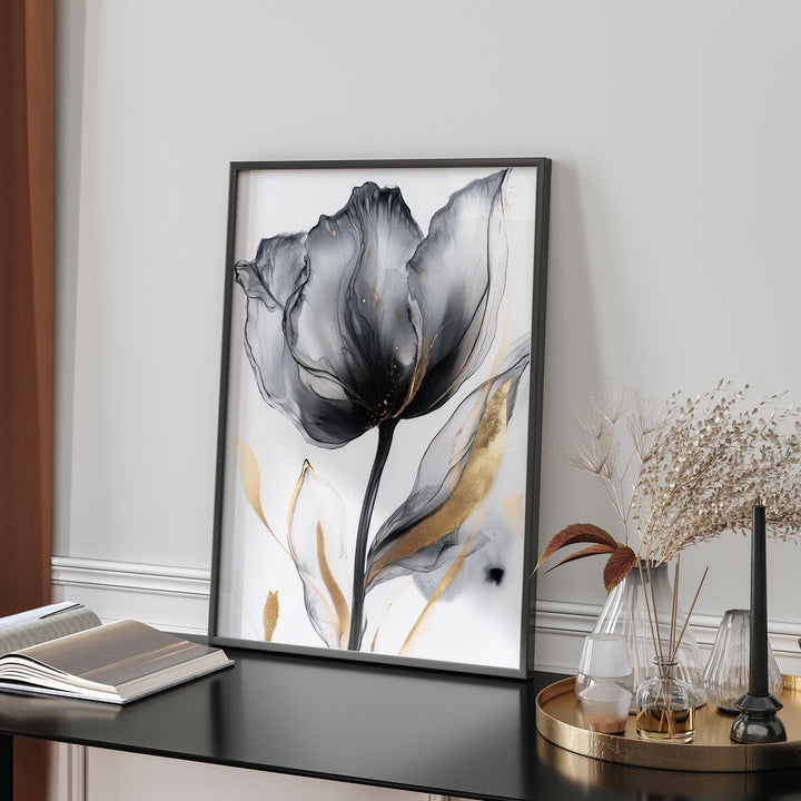 Black and Gold Sophisticated  Flower Wall Art | Chic Floral Print | Modern Decor for Bedroom