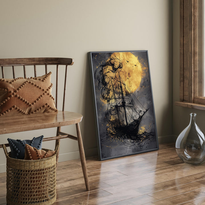 Black & Gold Ship Under Moonlight | Vintage Nautical Wall Art | Elegant Decor for Study or Office