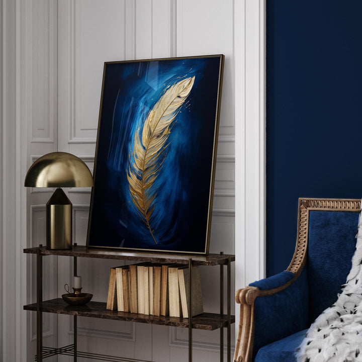 Blue and Gold Feather Wall Art | Elegant Abstract Print | Modern Decor for Living Room