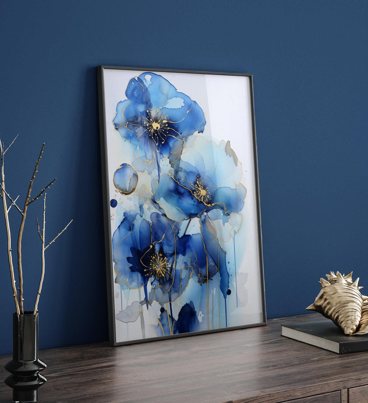 Blue and Gold Flower Wall Art | Elegant Floral Print | Modern Botanical Decor for Living Room