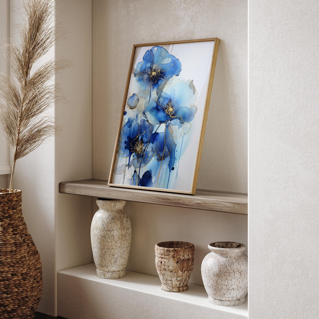 Blue and Gold Flower Wall Art | Elegant Floral Print | Modern Botanical Decor for Living Room
